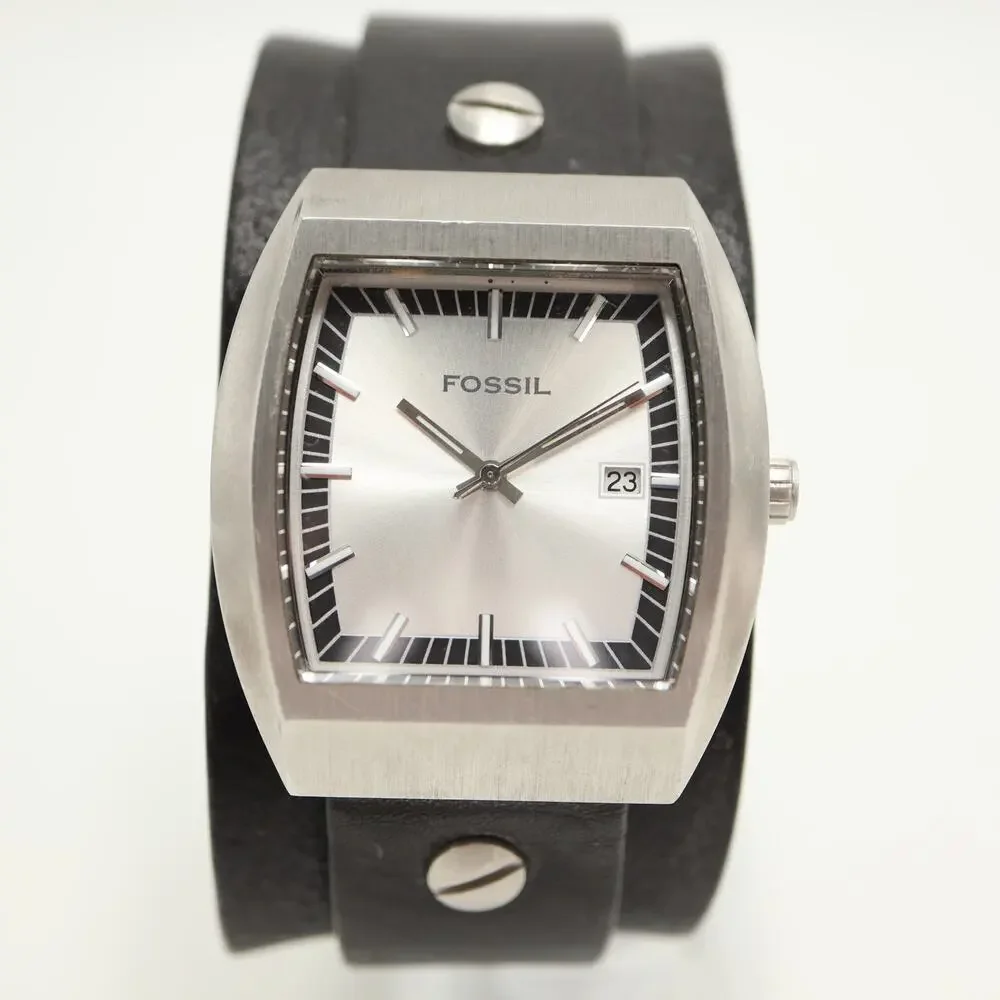 Vintage Fossil Y2k Silver Tone 38mm Date Watch Black Leather Bund w New Battery